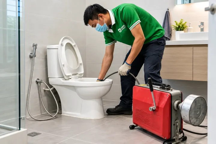 Thợ đang thông tắc bồn cầu bằng máy lò xo